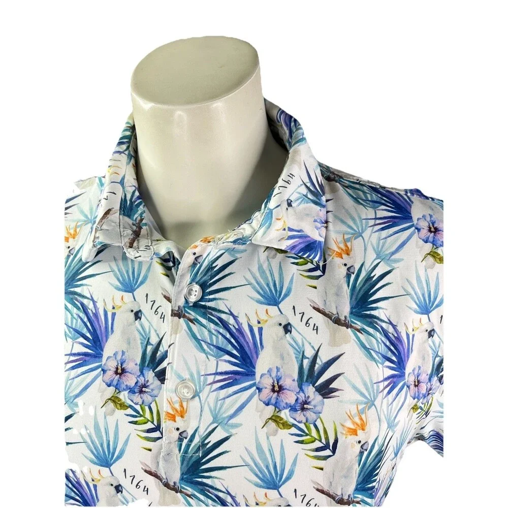 1764 Golf Shirt Men L Cockatoo Floral All Over Graphic Stretch Performance Polo